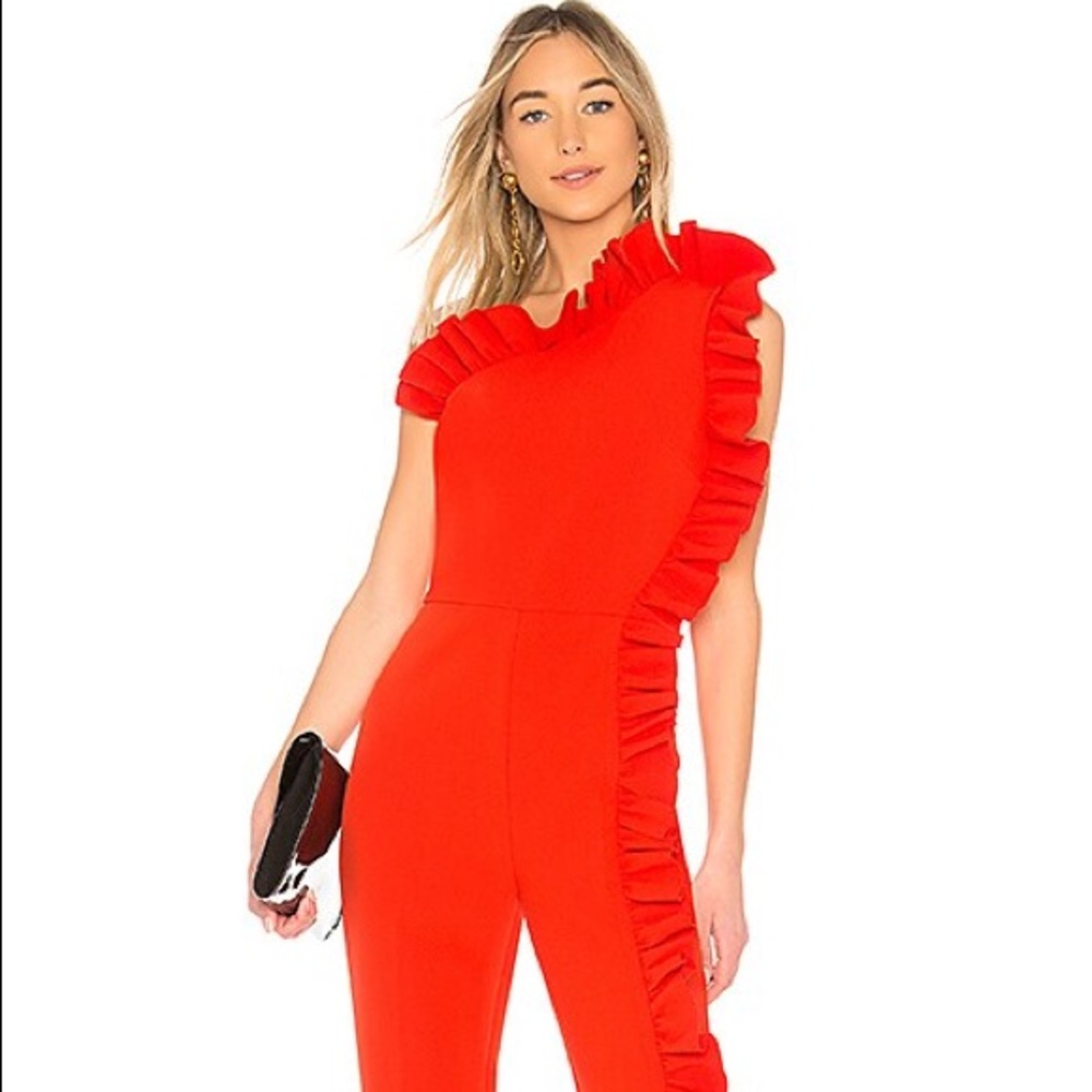 MSGM Red One-Shoulder Jumpsuit with ruffle detail, Size 4